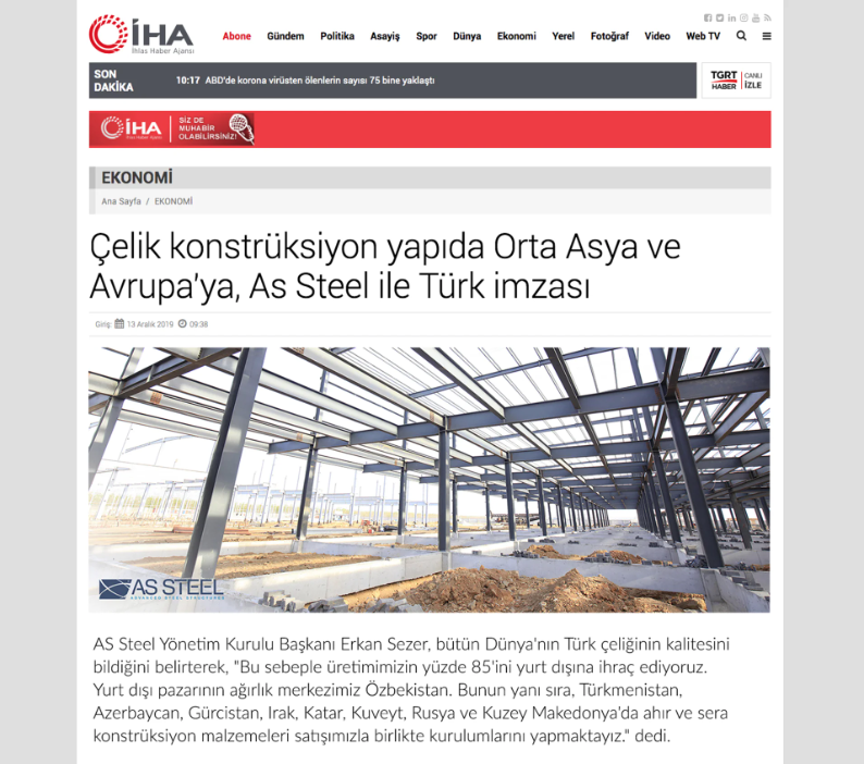 Çelik Konstrüksiyon Yapıda Orta Asya ve Avrupa’ya, As Steel İle Türk İmzası